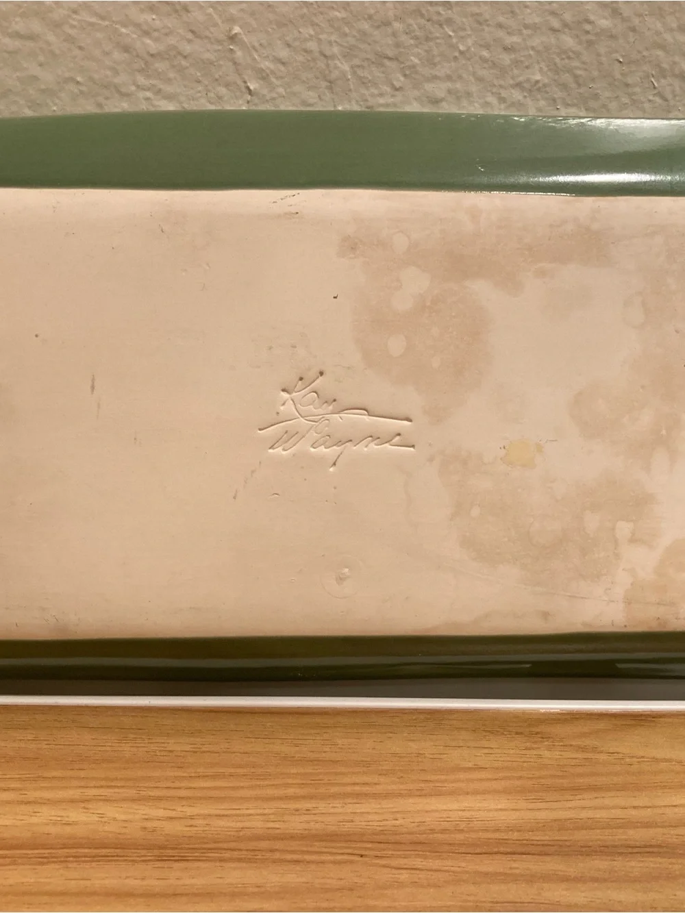 Kay Wayne Signed Studio Art Pottery Pine Needle Branch Green Rectangular Serving